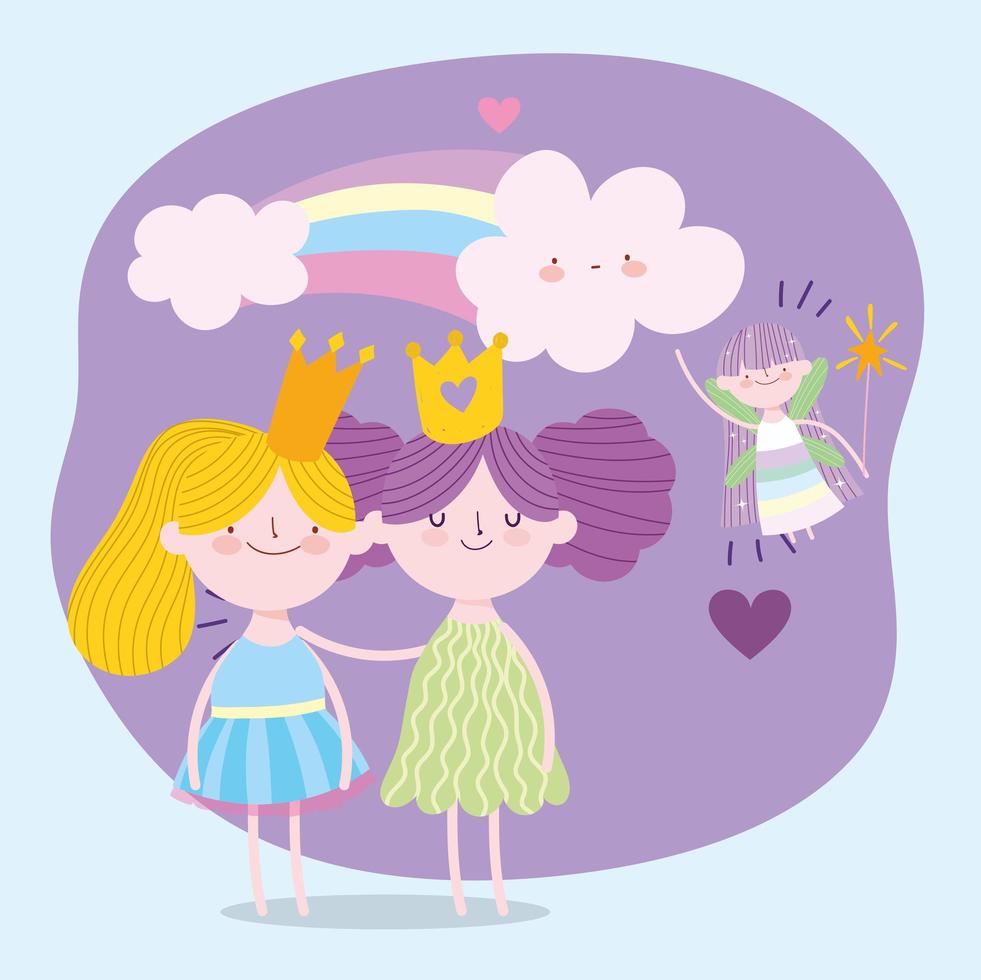 jolie petite princesse de fée ailée et filles avec dessin animé de conte de couronnes vecteur