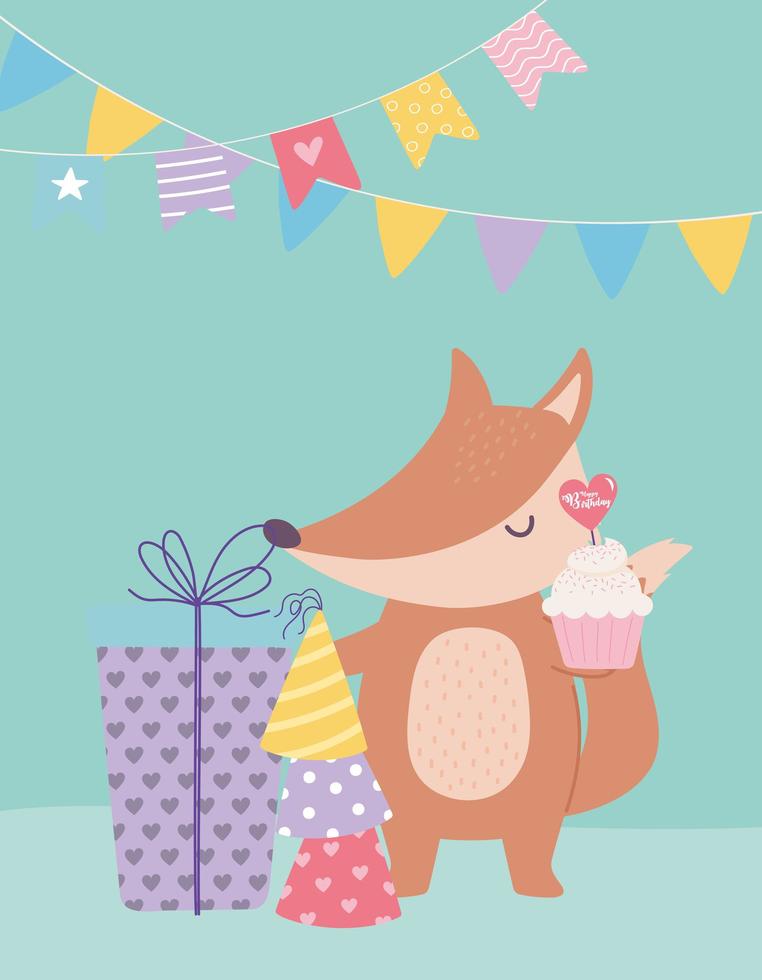 joyeux anniversaire, renard mignon avec cadeau de petit gâteau et chapeaux de fête décoration dessin animé vecteur