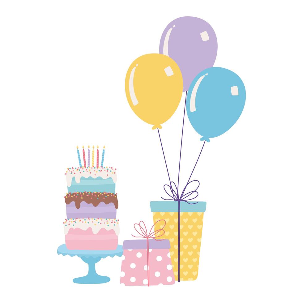 joyeux anniversaire, gâteau sucré cadeaux chapeau de fête et ballons célébration décoration dessin animé vecteur