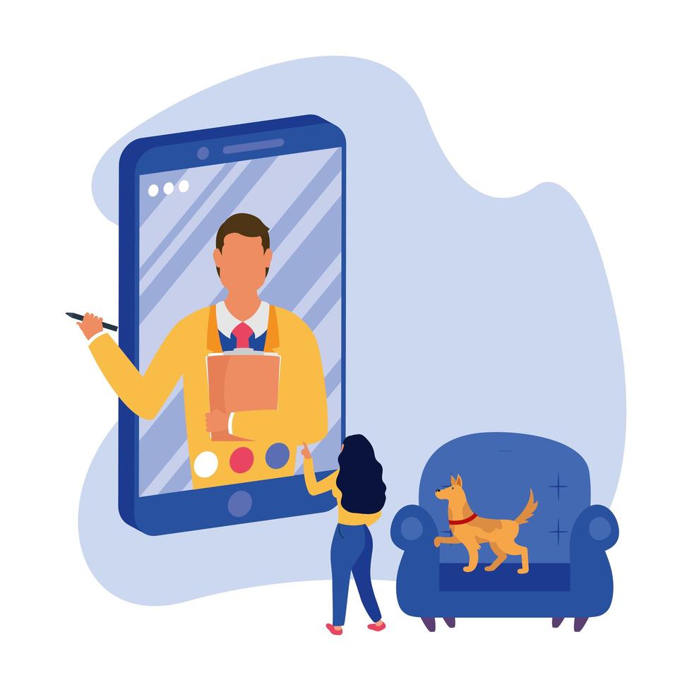 homme sur smartphone en chat vidéo femme et chien sur chaise vector design