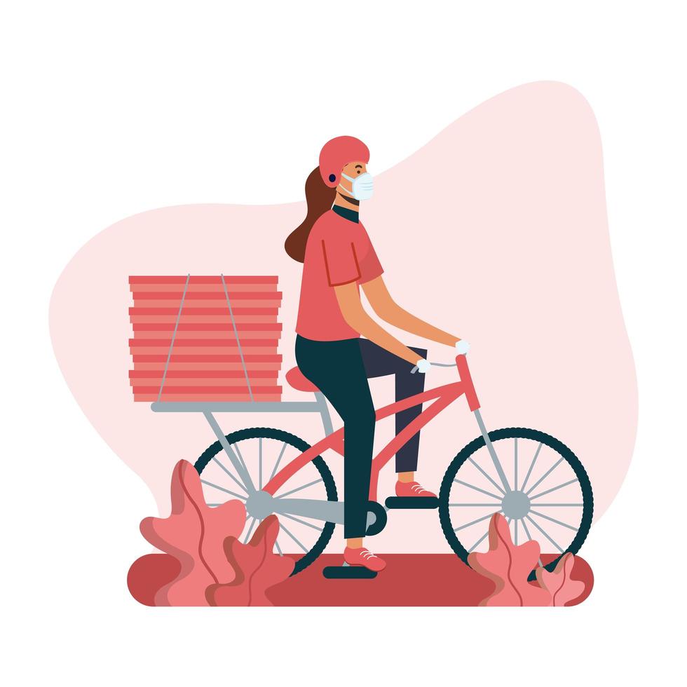 livraison femme avec masque vélo et boîtes vector design