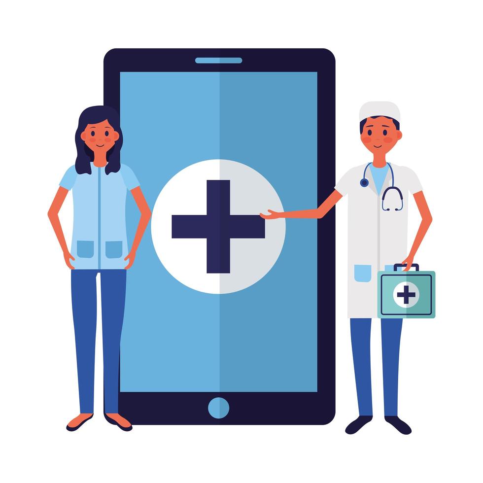 Médecin féminin et masculin en ligne avec conception de vecteur de smartphone