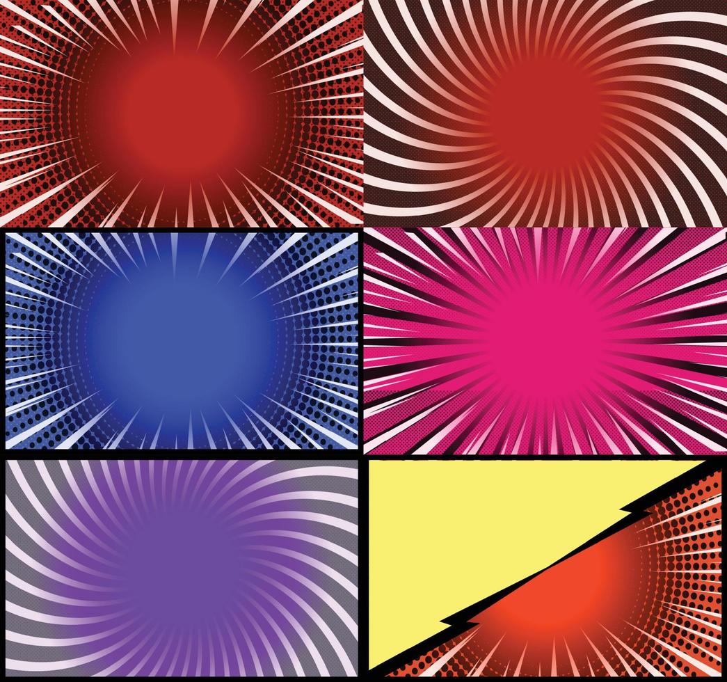 fond de cadres colorés de bande dessinée avec des rayons de demi-teintes effets radiaux et pointillés style pop art vecteur