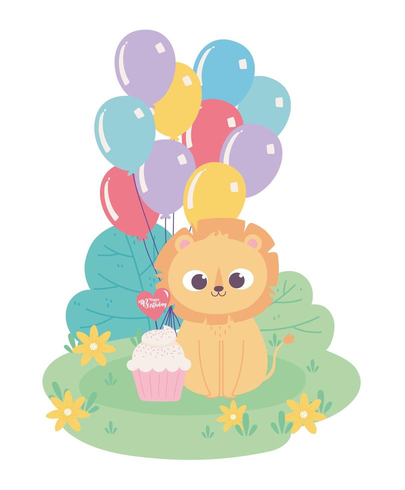 joyeux anniversaire, mignon petit lion avec des ballons de chapeau de fête et dessin animé de décoration de fête de petit gâteau vecteur