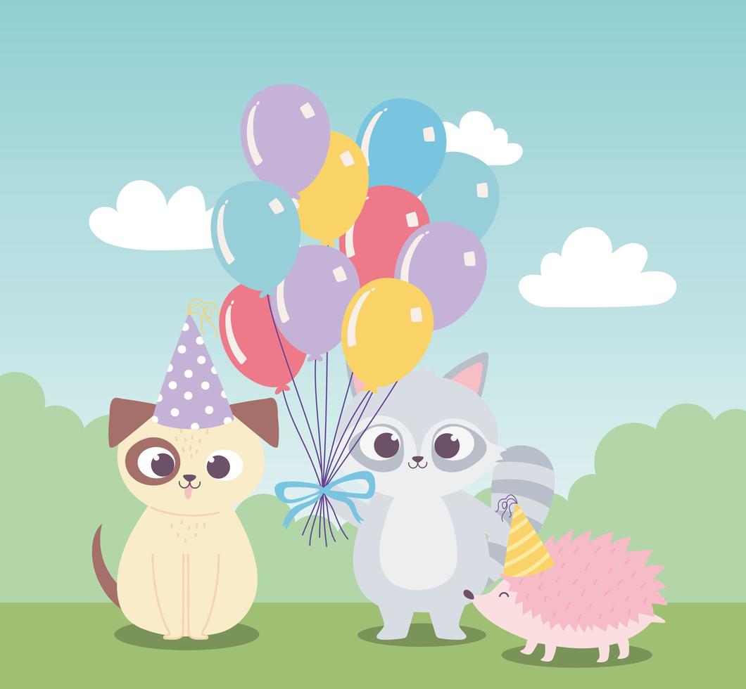 joyeux anniversaire, dessin animé mignon de décoration de célébration de chien raton laveur vecteur