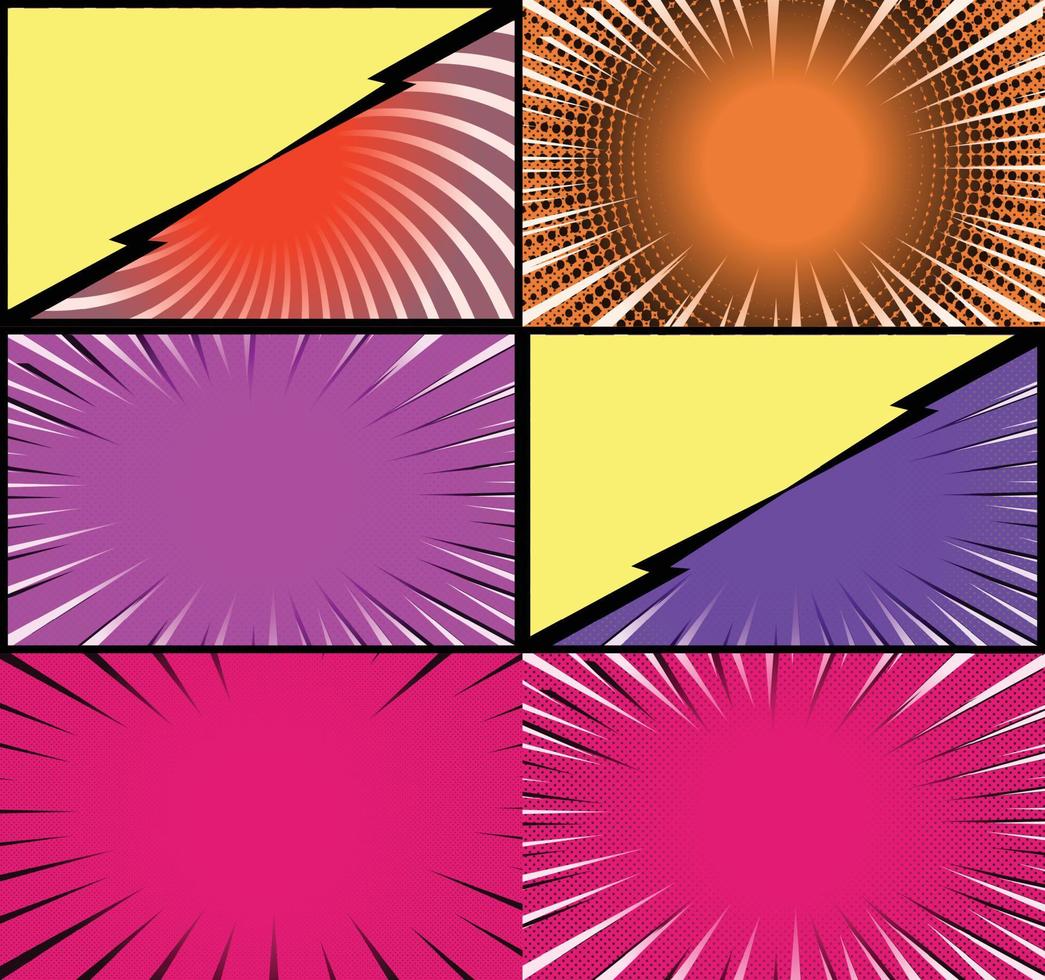 fond de cadres colorés de bande dessinée avec des rayons de demi-teintes effets radiaux et pointillés style pop art vecteur