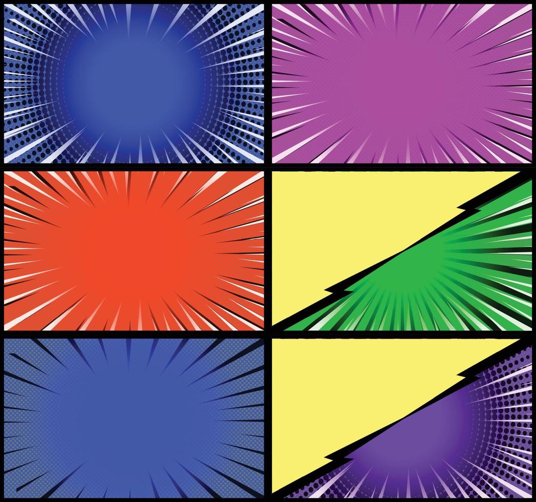 fond de cadres colorés de bande dessinée avec des rayons de demi-teintes effets radiaux et pointillés style pop art vecteur