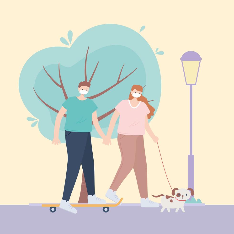 personnes avec masque médical, garçon faisant du skate et fille marchant avec un chien, activité de la ville pendant le coronavirus vecteur