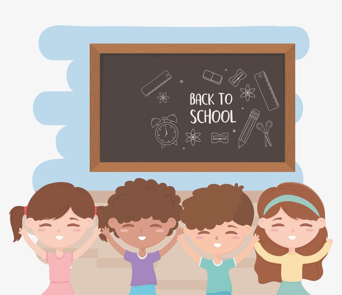 retour à l & # 39; école, étudiants en dessin animé éducation garçons et filles avec tableau noir vecteur