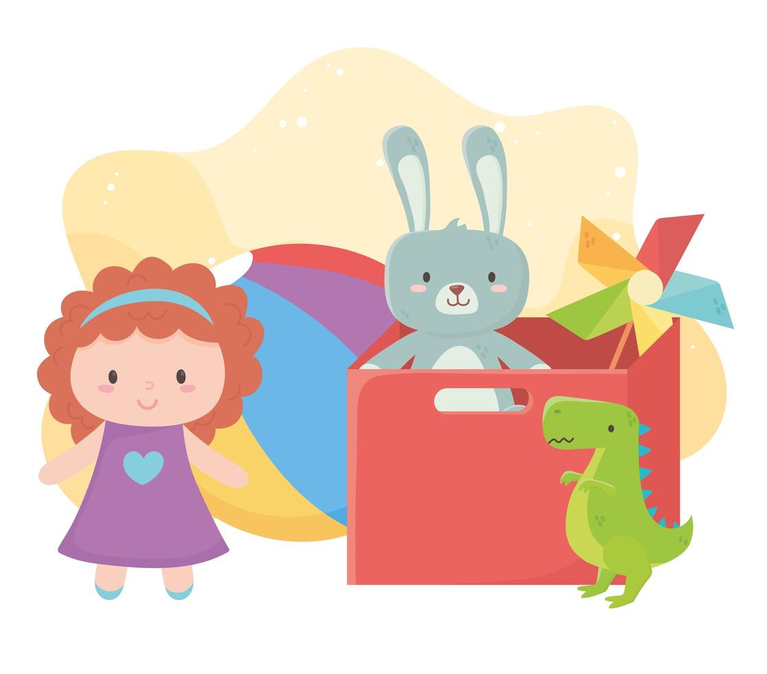 objet de jouets pour enfants boîte rouge de dessin animé amusant avec boule de dinosaure moulinet ours en peluche et poupée vecteur