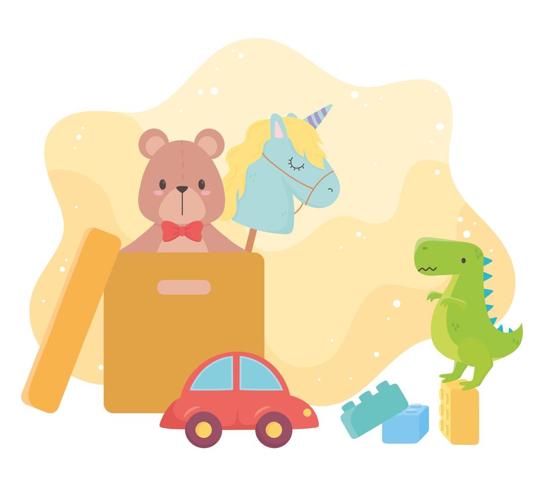 enfants jouets objet amusant dessin animé ours unicor dans des blocs de dinosaures boîte et voiture vecteur