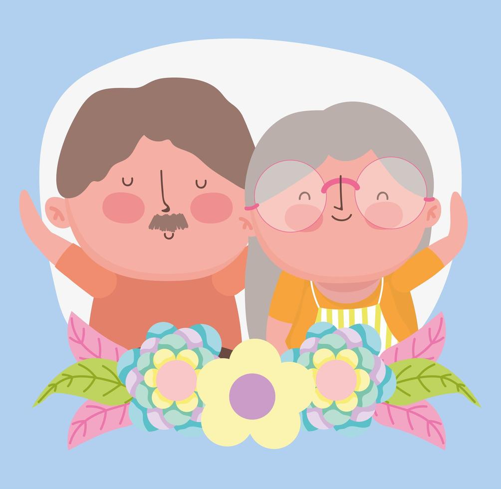 bonne fête des grands-parents, vieux couple fleurs dessin animé portrait vecteur