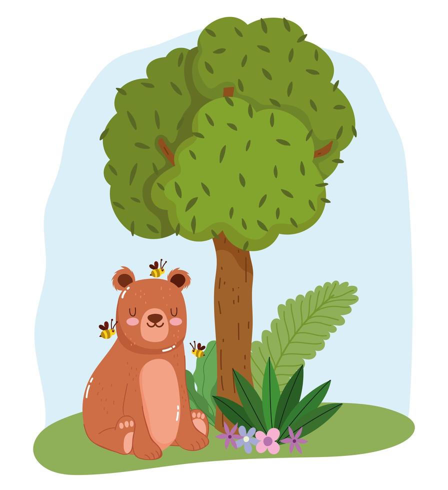 animaux mignons ours assis avec des abeilles sur herbe arbre nature dessin animé sauvage vecteur