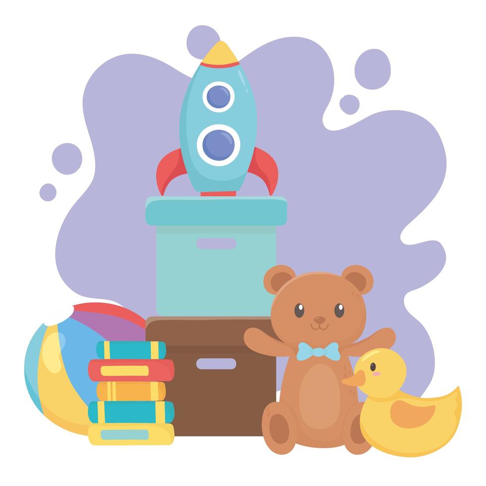 jouets pour enfants objet amusant dessin animé ours en peluche canard fusée livres et balle vecteur