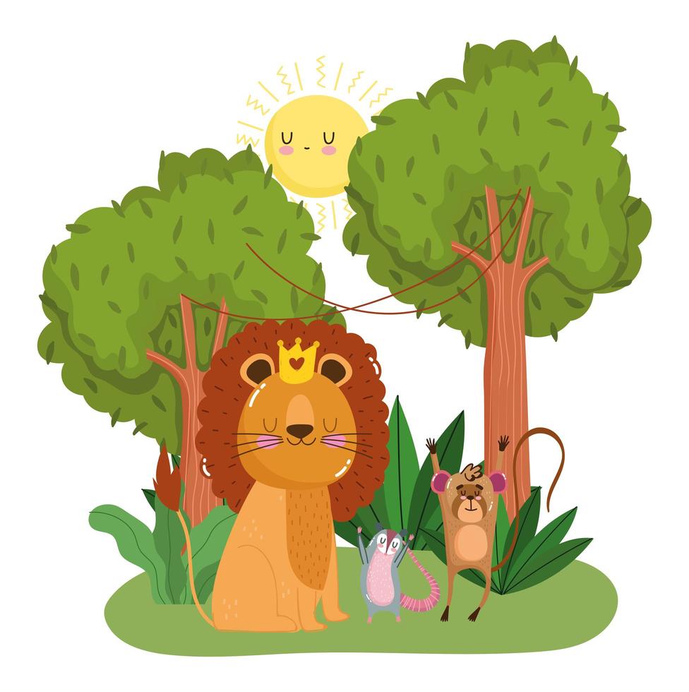 animaux mignons singe lion et opossum arbres feuillage herbe forêt dessin animé sauvage vecteur