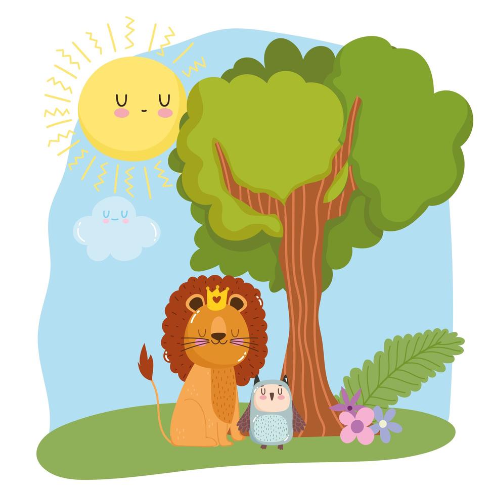 animaux mignons lion avec couronne et hibou herbe forêt nature dessin animé sauvage vecteur