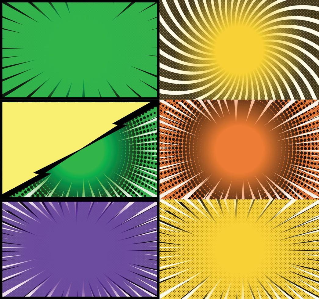 fond de cadres colorés de bande dessinée avec des rayons de demi-teintes effets radiaux et pointillés style pop art vecteur