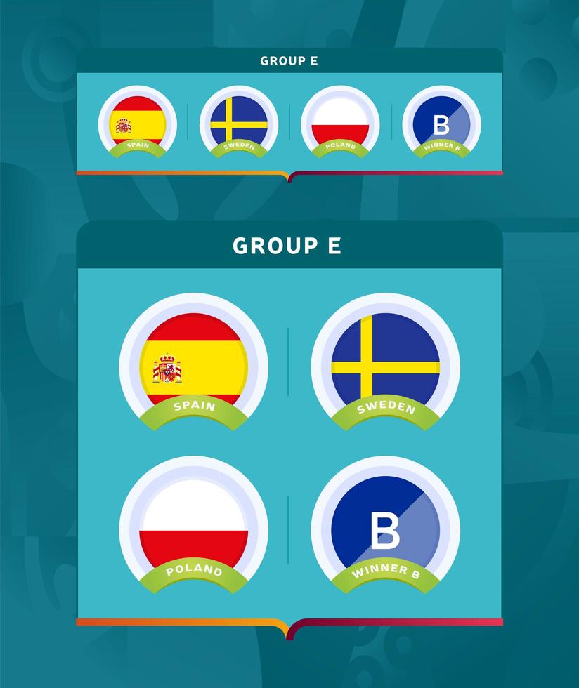 ensemble de badges du groupe e de la phase finale du tournoi de football 2020 vecteur