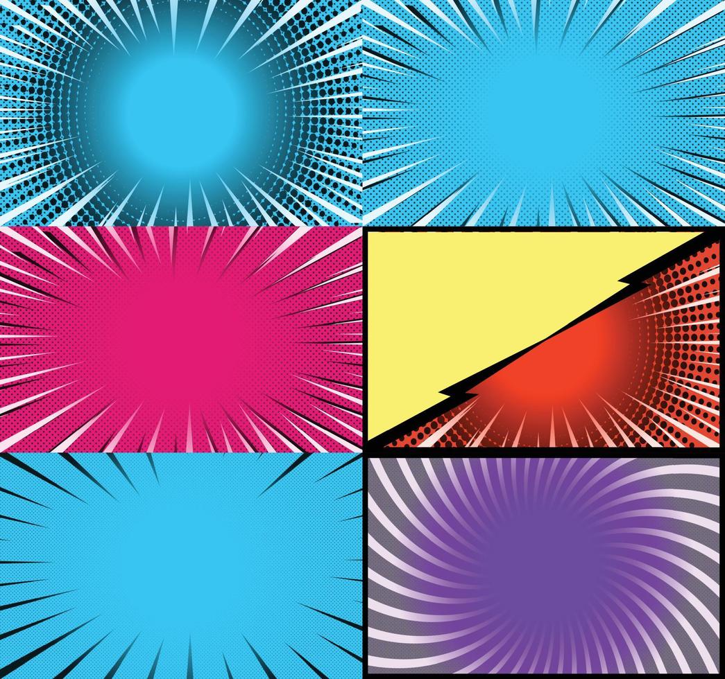 fond de cadres colorés de bande dessinée avec des rayons de demi-teintes effets radiaux et pointillés style pop art vecteur