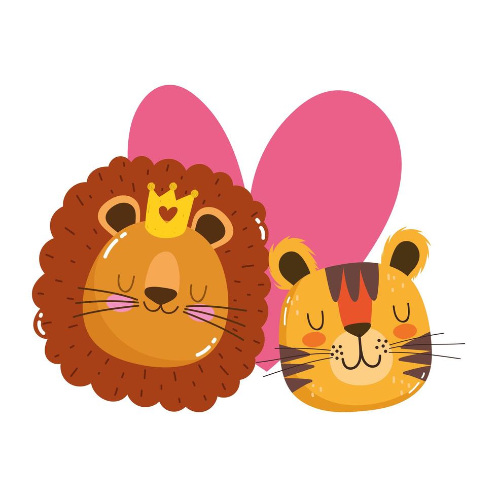 animaux de dessin animé mignon visages adorables tigre et lion avec couronne vecteur