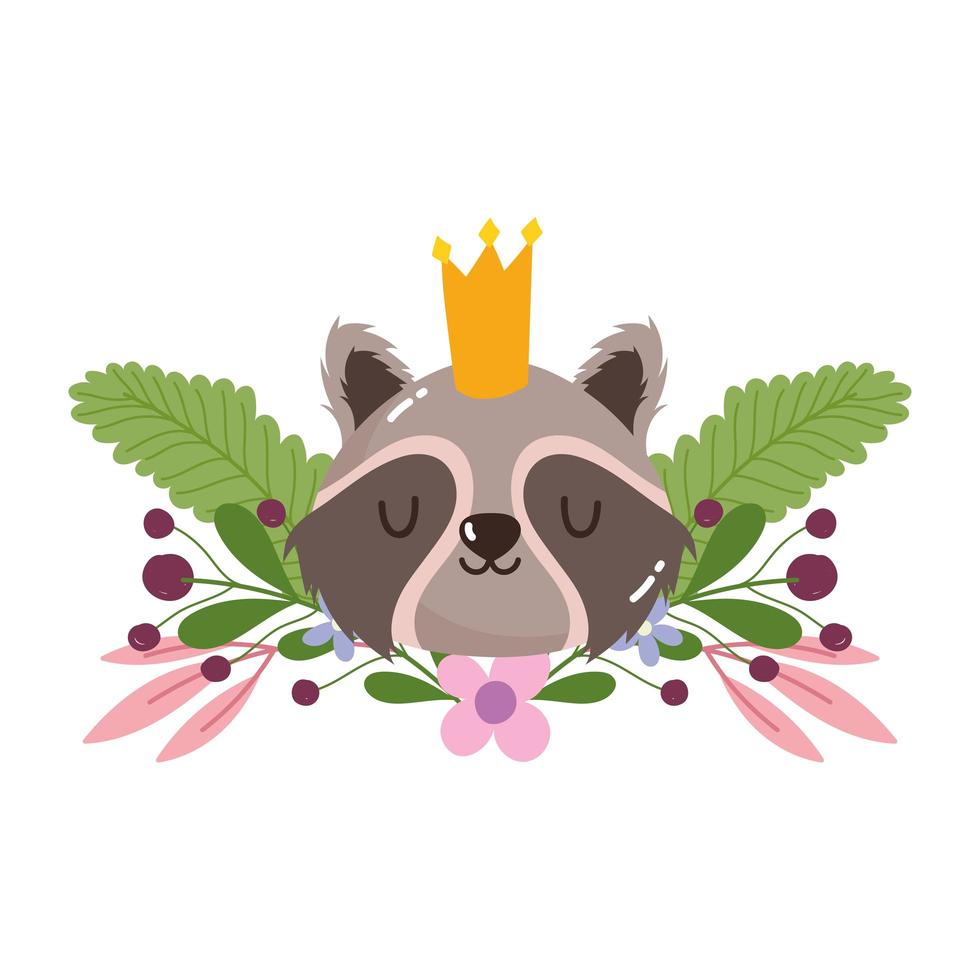 raton laveur animal mignon avec couronne fleurs feuillage nature décoration dessin animé vecteur