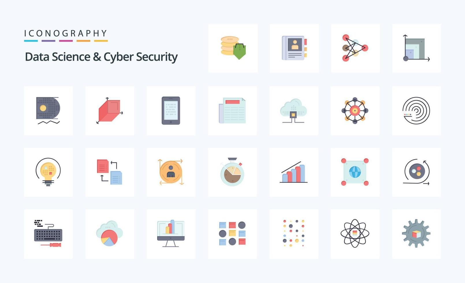 25 pack d'icônes de couleur plate pour la science des données et la cybersécurité vecteur