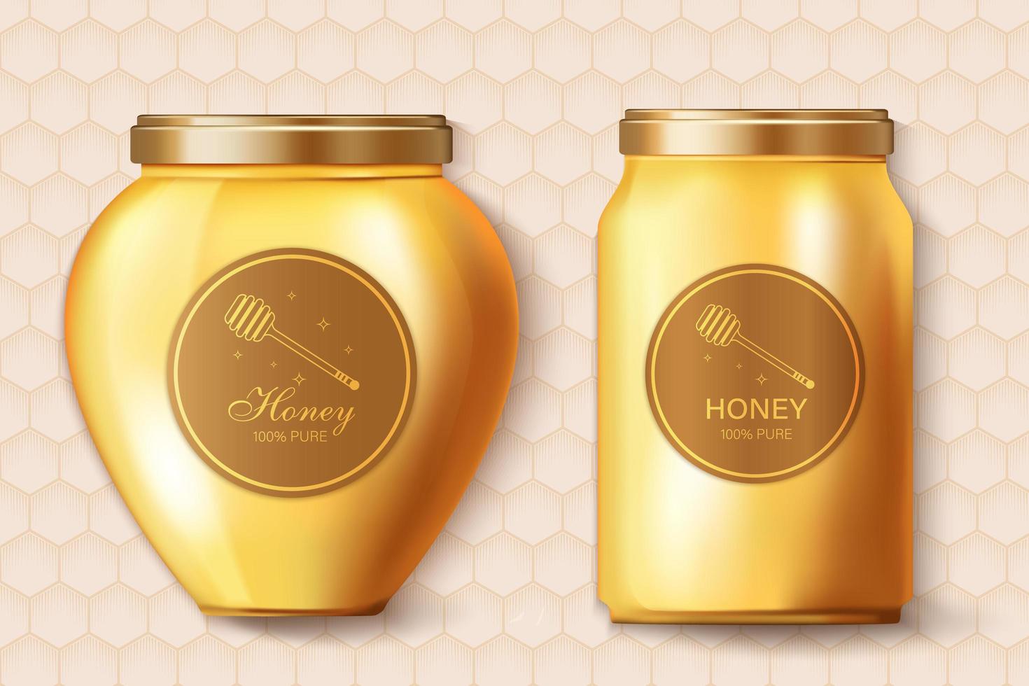 bocaux de miel maquette réaliste. conception d'étiquettes de placement de produit. illustration 3d détaillée vecteur