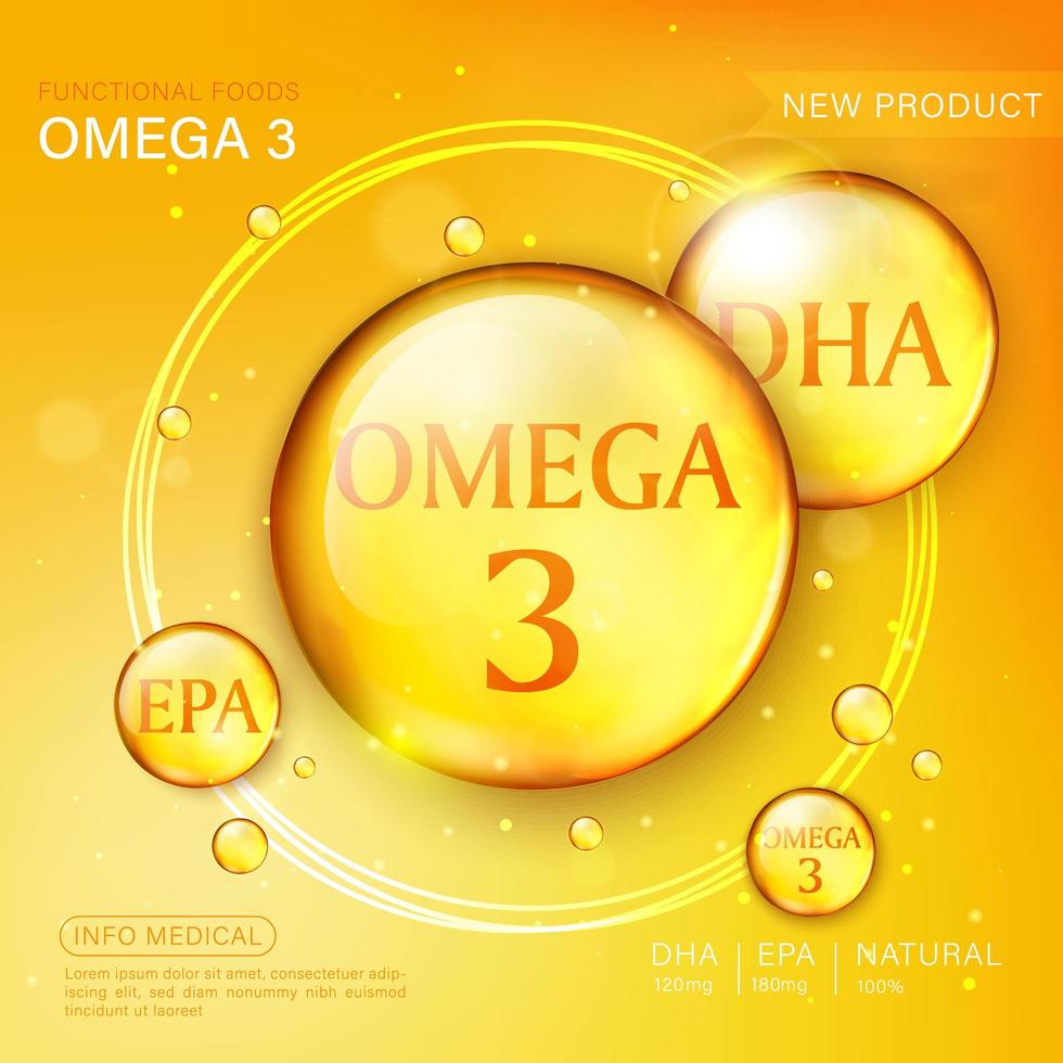 modèle d'annonces d'huile de poisson, gélule oméga-3 avec son emballage. fond orange. Illustration 3D. vecteur