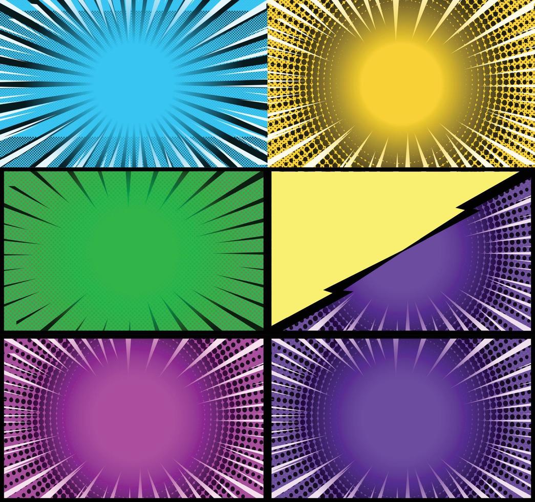 fond de cadres colorés de bande dessinée avec des rayons de demi-teintes effets radiaux et pointillés style pop art vecteur