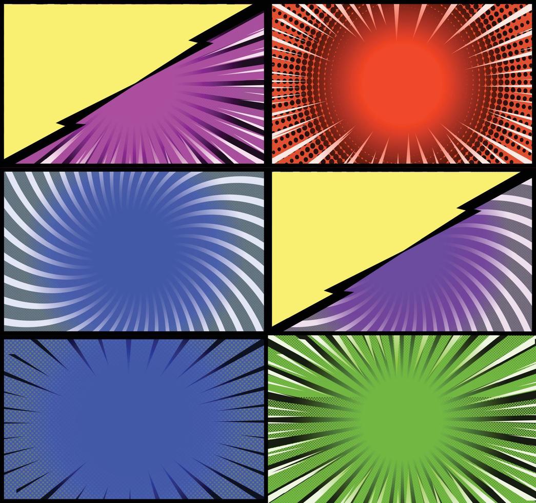 fond de cadres colorés de bande dessinée avec des rayons de demi-teintes effets radiaux et pointillés style pop art vecteur