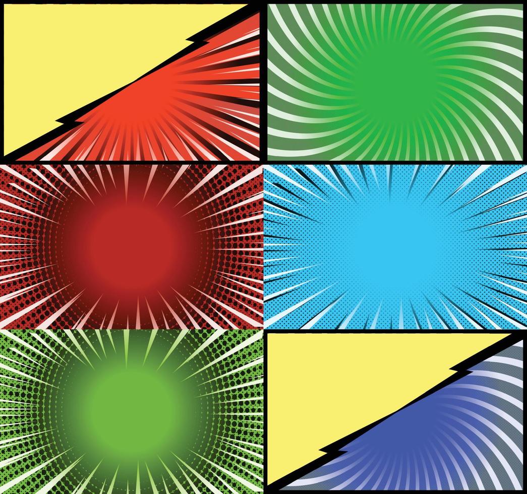 fond de cadres colorés de bande dessinée avec des rayons de demi-teintes effets radiaux et pointillés style pop art vecteur