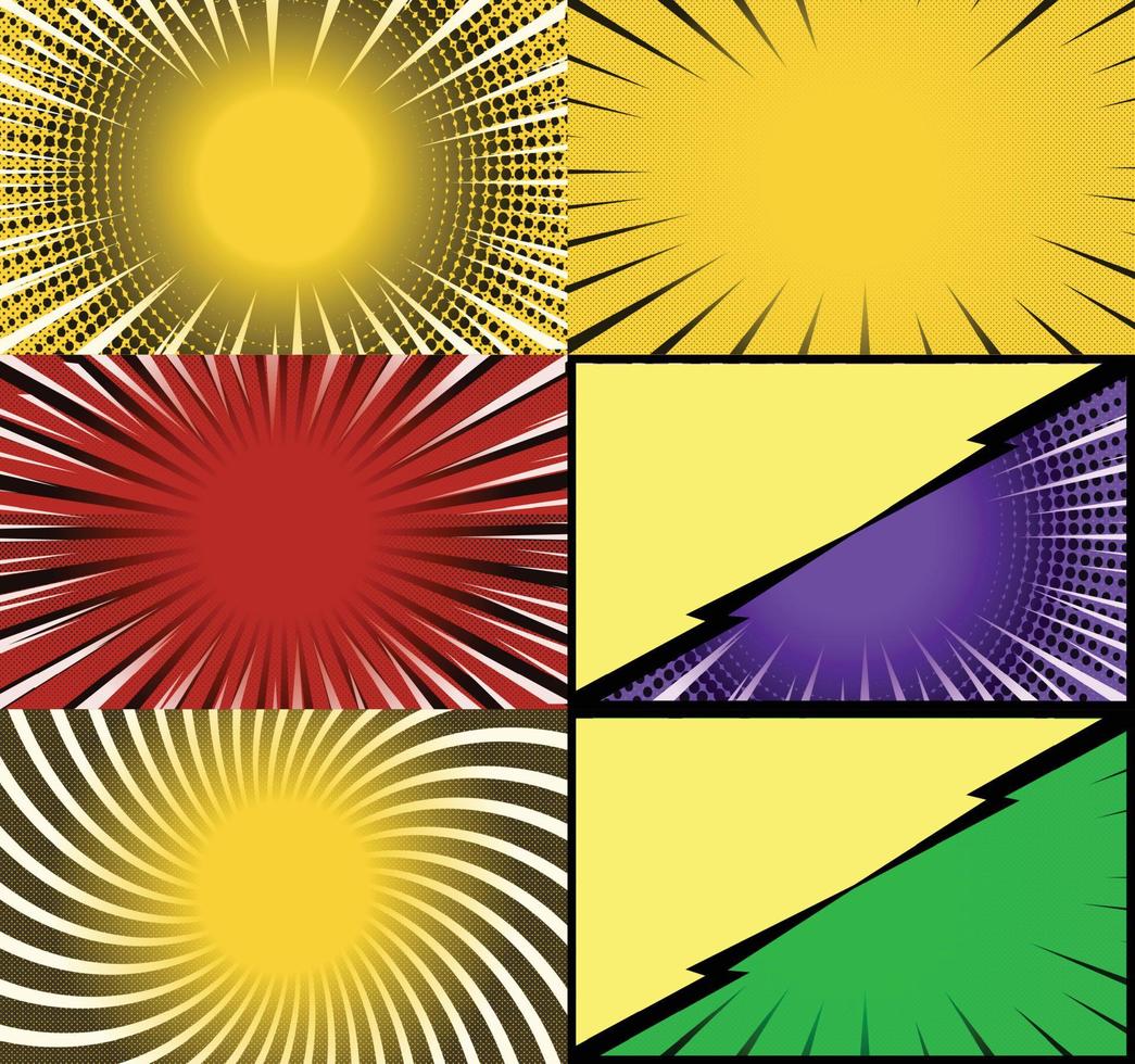 fond de cadres colorés de bande dessinée avec des rayons de demi-teintes effets radiaux et pointillés style pop art vecteur