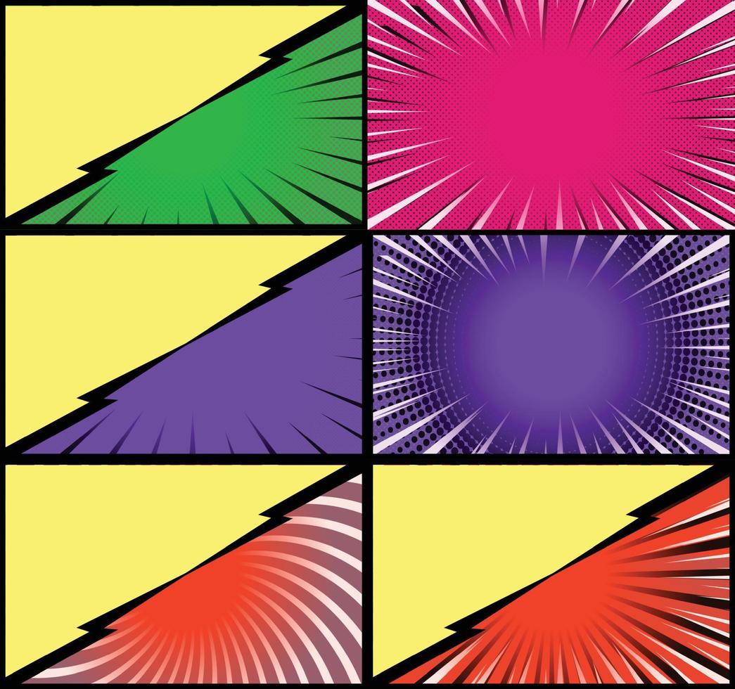 fond de cadres colorés de bande dessinée avec des rayons de demi-teintes effets radiaux et pointillés style pop art vecteur