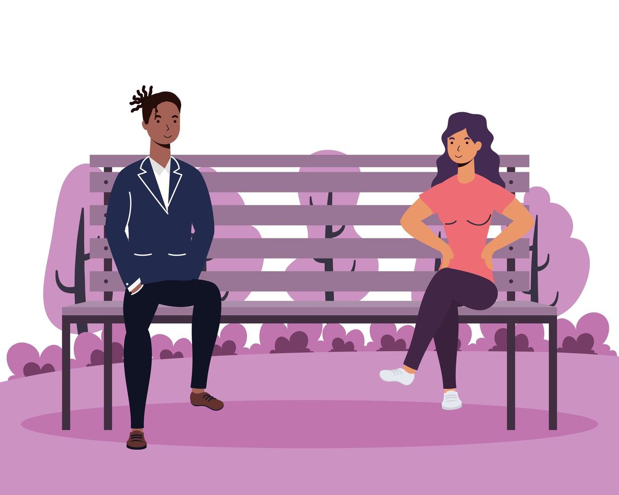interracial jeune couple amoureux dans la chaise de parc avatars personnages vecteur