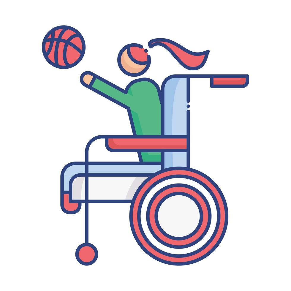 femme, jouer, basket-ball, dans, fauteuil roulant, handicapé, plat, style, icône vecteur