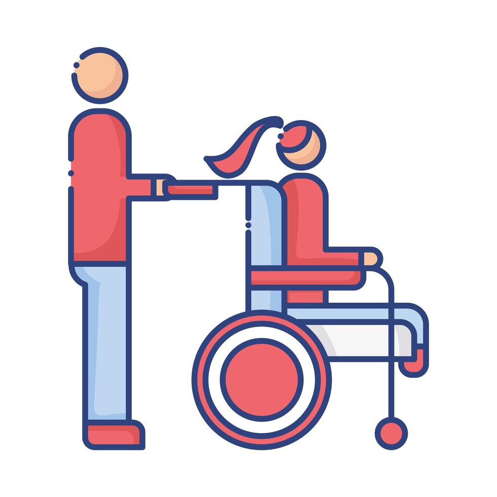aide avec femme en fauteuil roulant icône de style plat handicapé vecteur