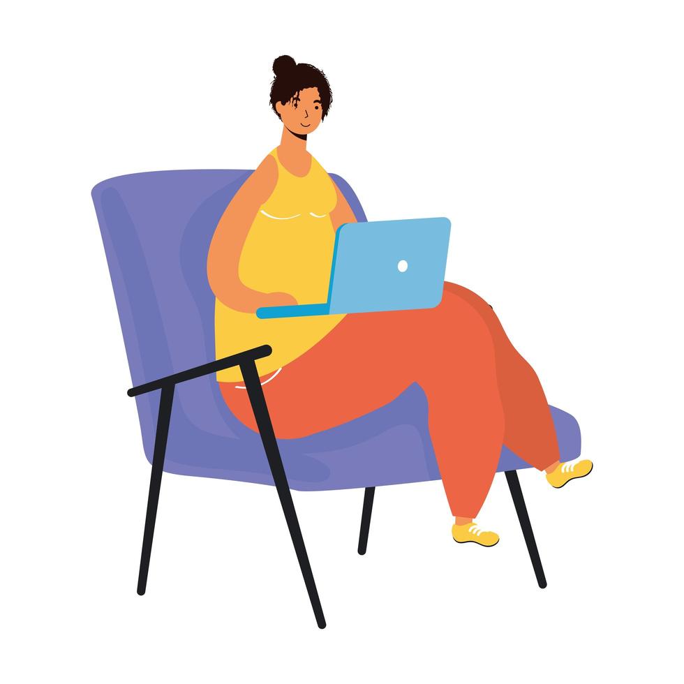 jeune femme travaillant dans un ordinateur portable assis sur un canapé vecteur