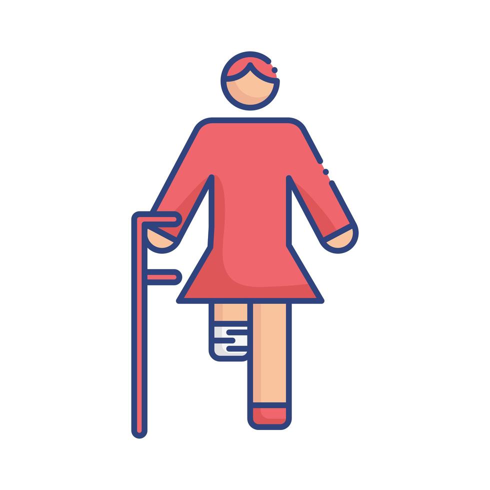 femme sans jambe à l'aide de l'icône de style plat de canne vecteur