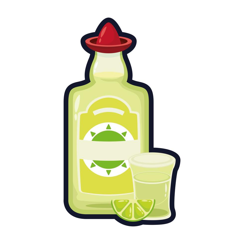 Bouteille de tequila et tasse style plat mexicain icône vector illustration design