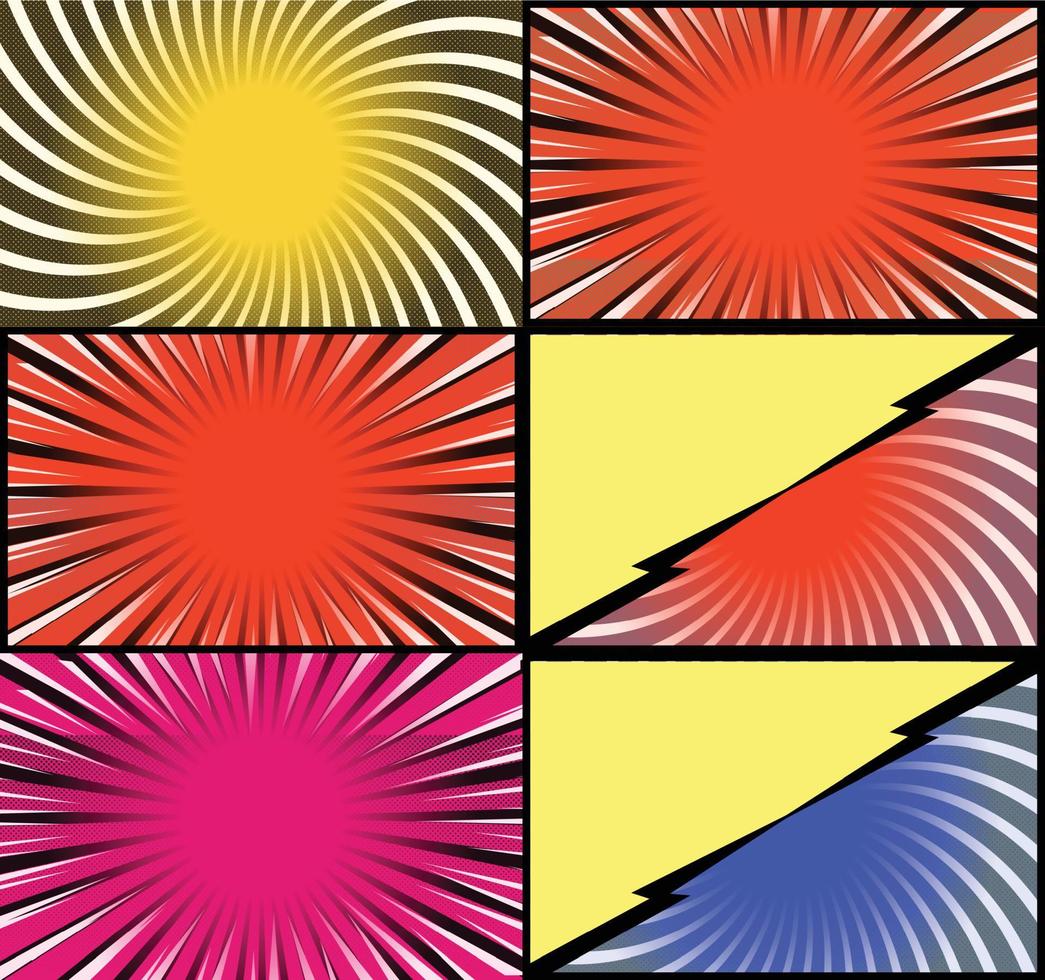 fond de cadres colorés de bande dessinée avec des rayons de demi-teintes effets radiaux et pointillés style pop art vecteur