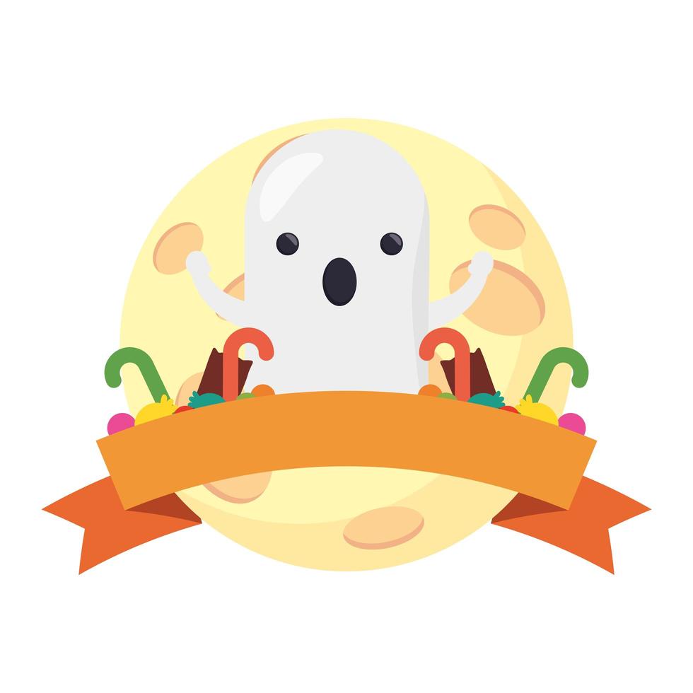 Happy halloween fantôme mignon avec ruban frame vector illustration design