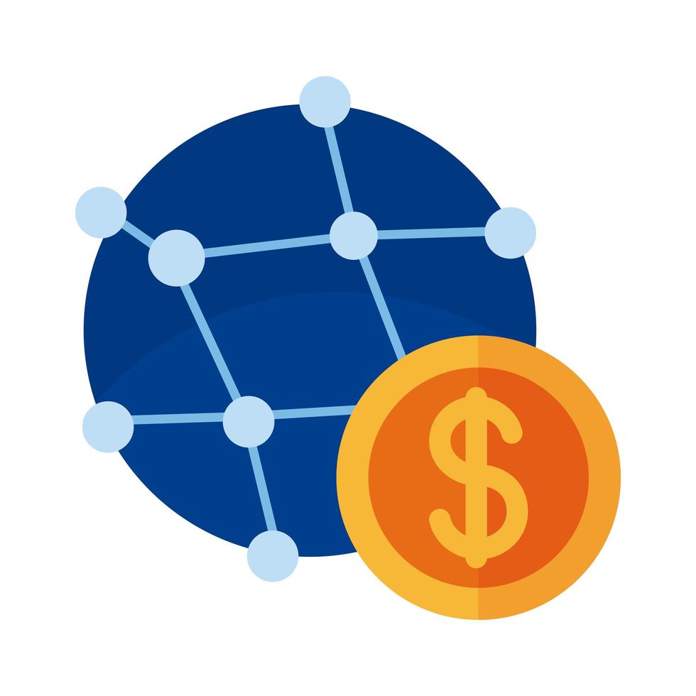 Pièce de monnaie avec style plat en ligne de paiement de planète sphère vecteur