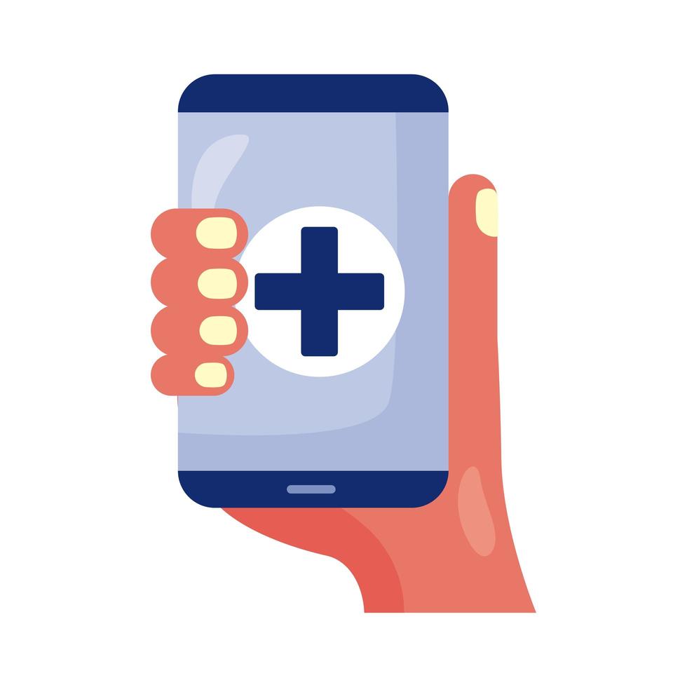 main avec smartphone et croix médicale vecteur