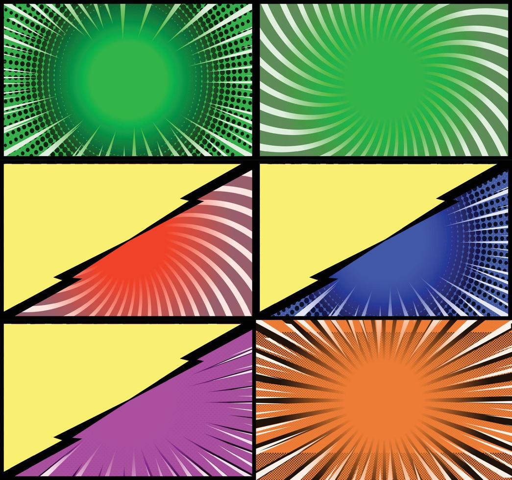 fond de cadres colorés de bande dessinée avec des rayons de demi-teintes effets radiaux et pointillés style pop art vecteur