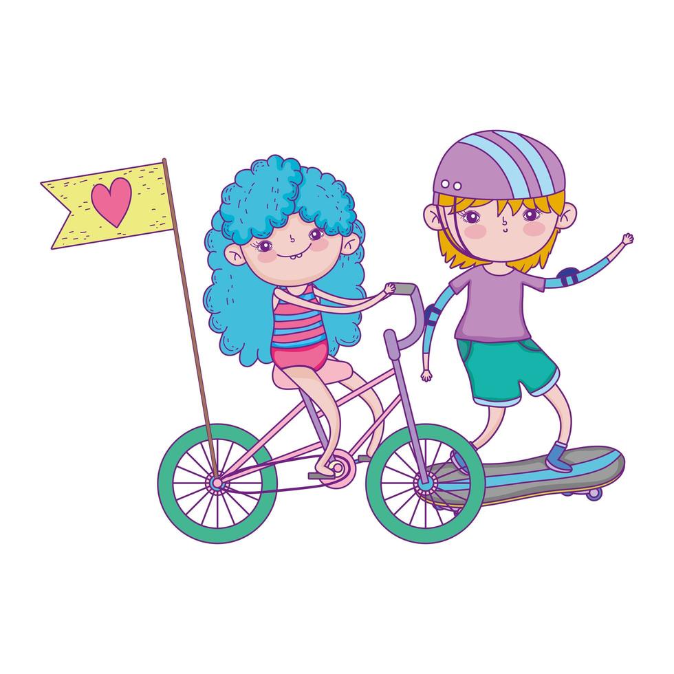 bonne journée pour les enfants, les enfants font du vélo et des planches à roulettes dans le parc vecteur