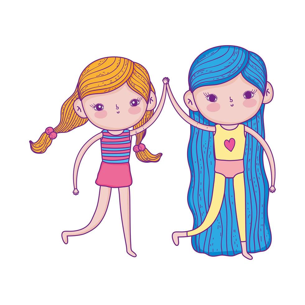 bonne fête des enfants, deux petites filles ensemble des personnages de dessins animés vecteur