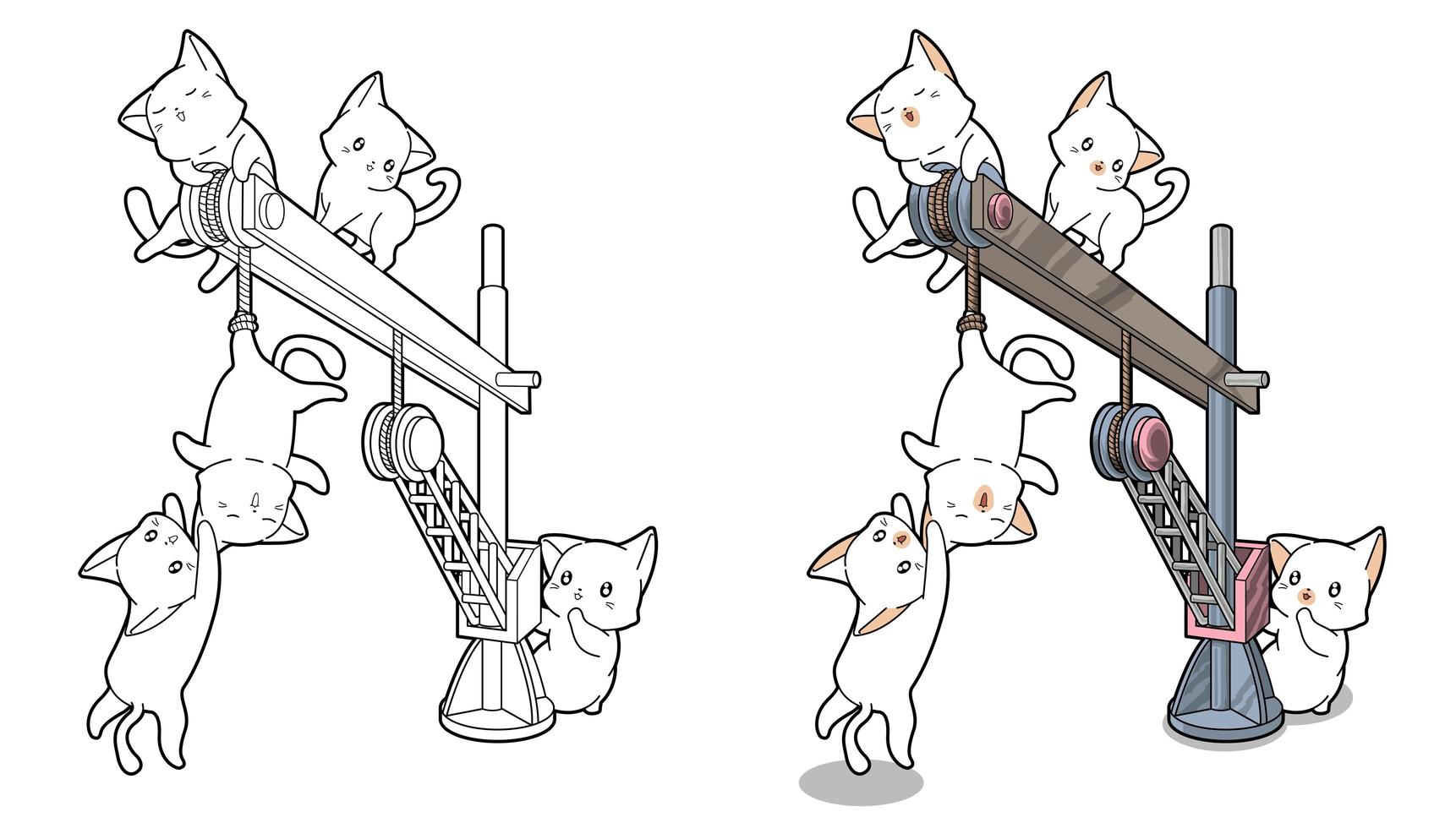 Les chats mignons jouent à un coloriage de dessin animé de grue pour les enfants vecteur