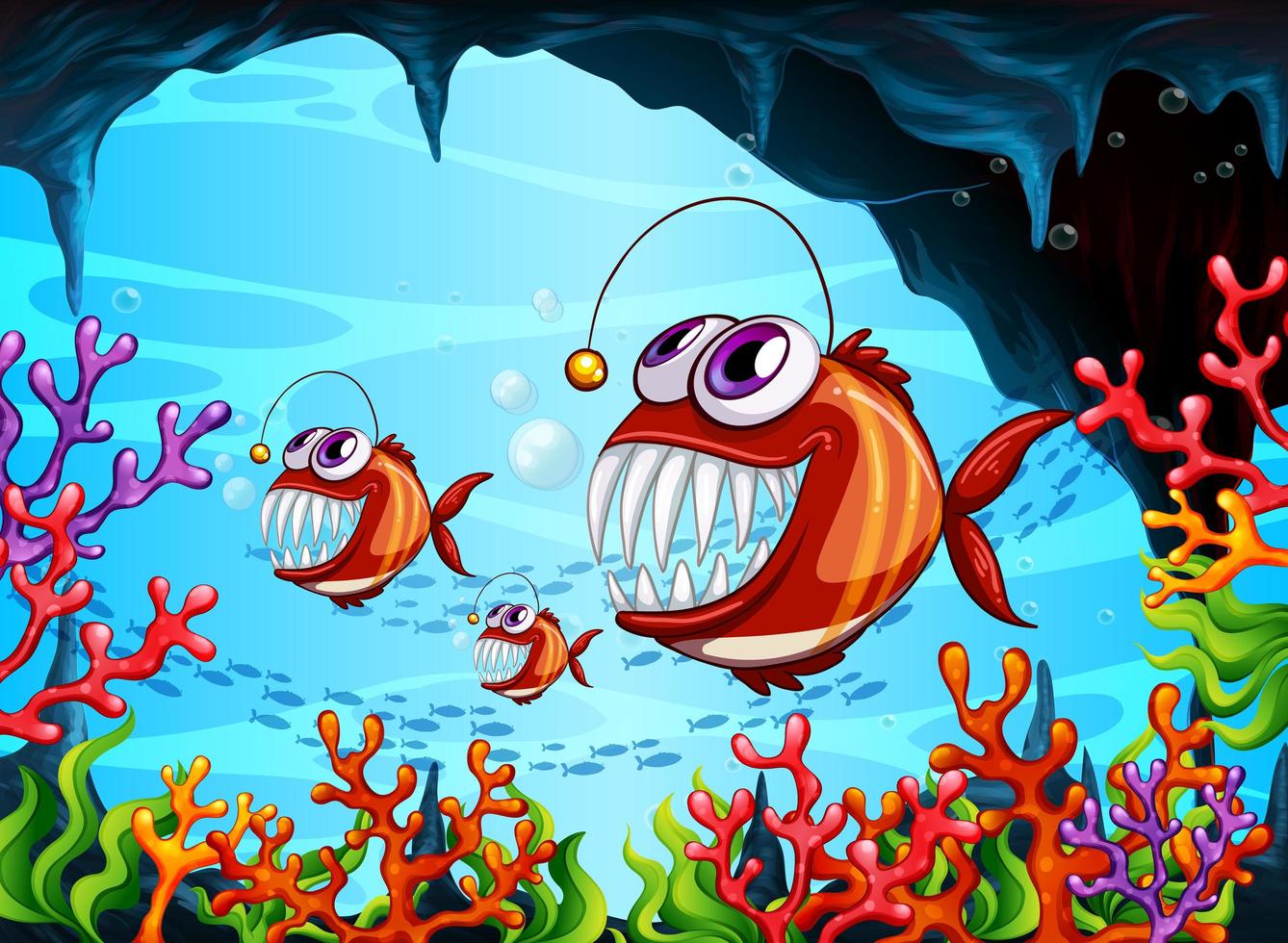 Personnage de dessin animé de poissons pêcheurs dans la scène sous-marine avec des coraux vecteur