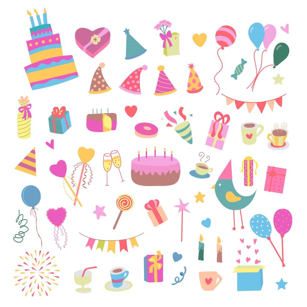 illustration vectorielle fête d'anniversaire accessoires colorés et décoration, friandises, gâteaux, ballons, bonbons, cadeaux en style cartoon plat. vecteur