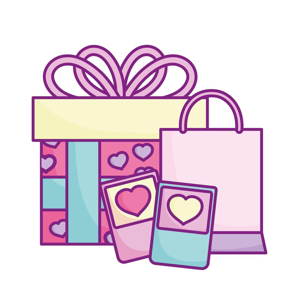 joyeuse saint valentin, sac à provisions pour smartphone et amour de célébration de cadeau vecteur